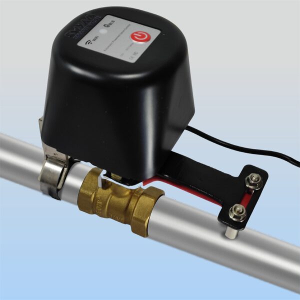 SWYAM Smart WiFi Valve installed on ball valve attached to pipe for water irrigation control