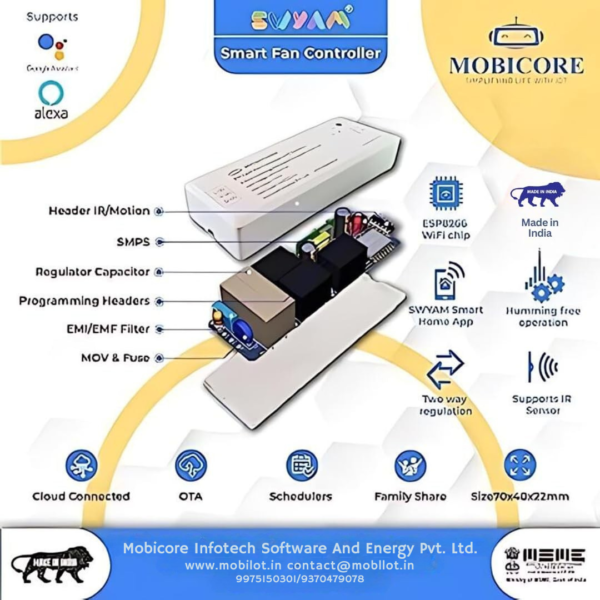 Internal components of SWYAM® Smart Fan Controller including capacitor, relay, PCB and screw terminals