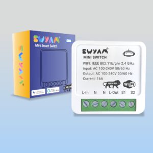 SWYAM Mini 2‑Way WiFi Smart Switch – compact module for dual‑load, 2‑way control, electrical safety