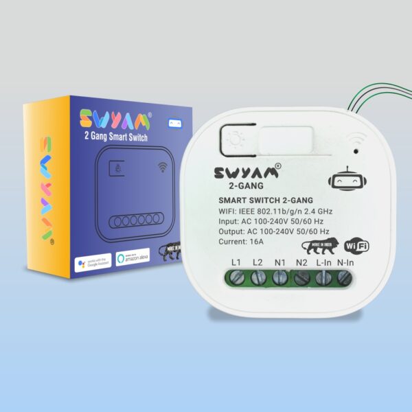 SWYAM 2 Gang WiFi Smart Switch – dual load, 2‑way control, electrical safety, no hub required