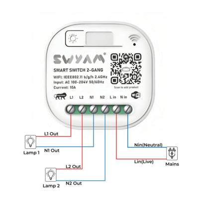 SWYAM® 2 Gang WiFi Smart Switch with Electrical Safety Feature, Supports Alexa, Compatible with Any Electrical Load – up to 10A Rating | Dual Load Control | Home Automation