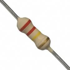 220K Ohm ±5% 1/4W carbon film resistor with red, red, yellow, gold color bands.