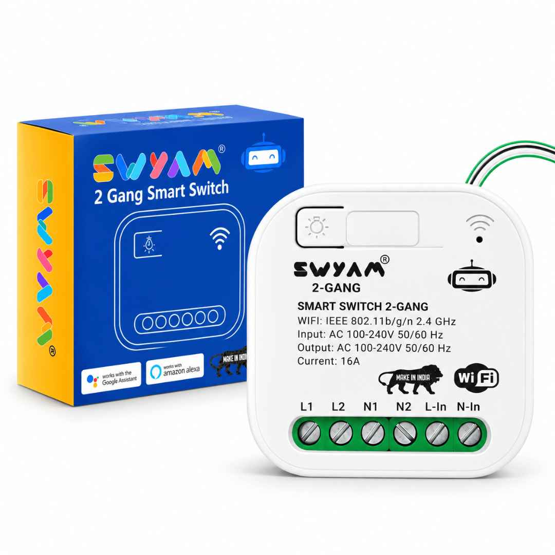 SWYAM 2 Gang WiFi Smart Switch – dual load, 2‑way control, electrical safety, no hub required SWYAM 2 Gang WiFi Smart Switch – dual load, 2‑way control, electrical safety, no hub required