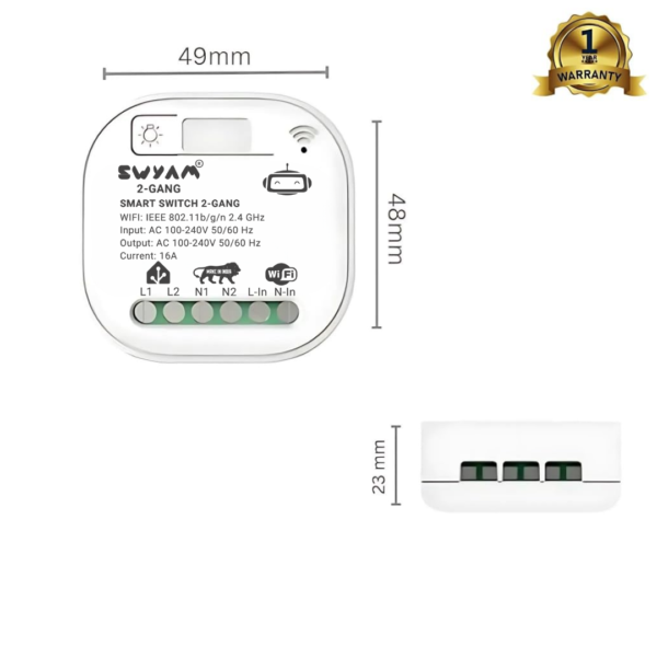 SWYAM® 2-Gang WiFi Smart Switch 16A | Alexa & Google Voice Control | Home Assistant Compatible | Timer & Scheduler | No Hub Required