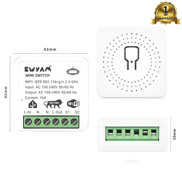 SWYAM® Mini Smart Switch | 16A WiFi Smart Switch | Works with Home Assistant, Alexa & Google